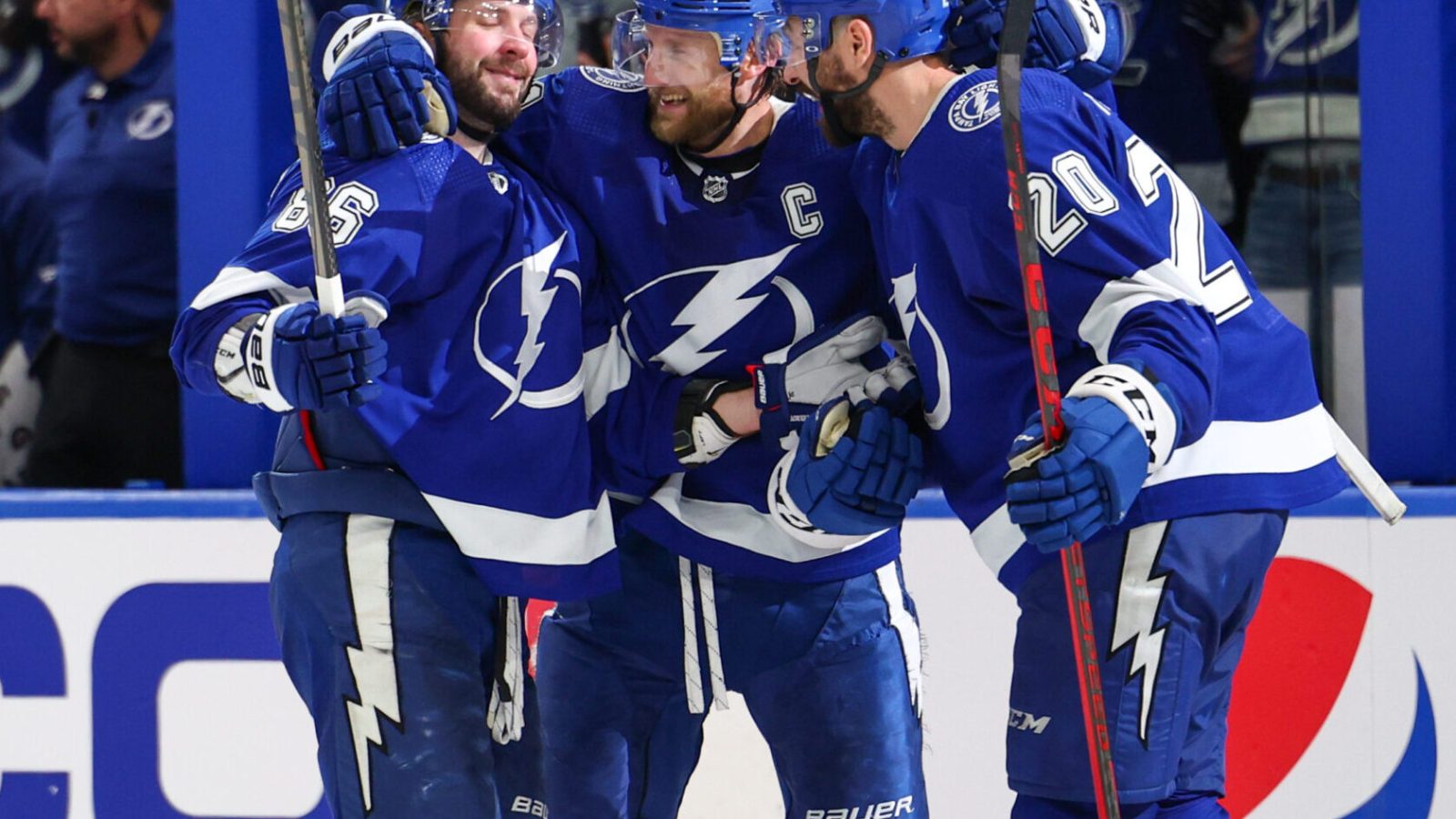 Tampa Bay Lightning right wing Nikita Kucherov (left) celebrates with teammates Steven Stamkos (center) and Paul Nicholas (right) after scoring a goal against the Florida Panthers in Game 3 of the second round of the 2022 Stanley Cup Playoffs