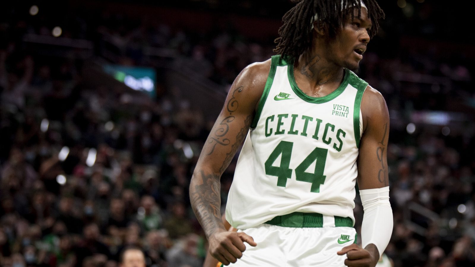 Robert Williams III #44 of the Boston Celtics reacts during the first half of a game against the Phoenix Suns at TD Garden on December 31, 2021 in Boston, Massachusetts.