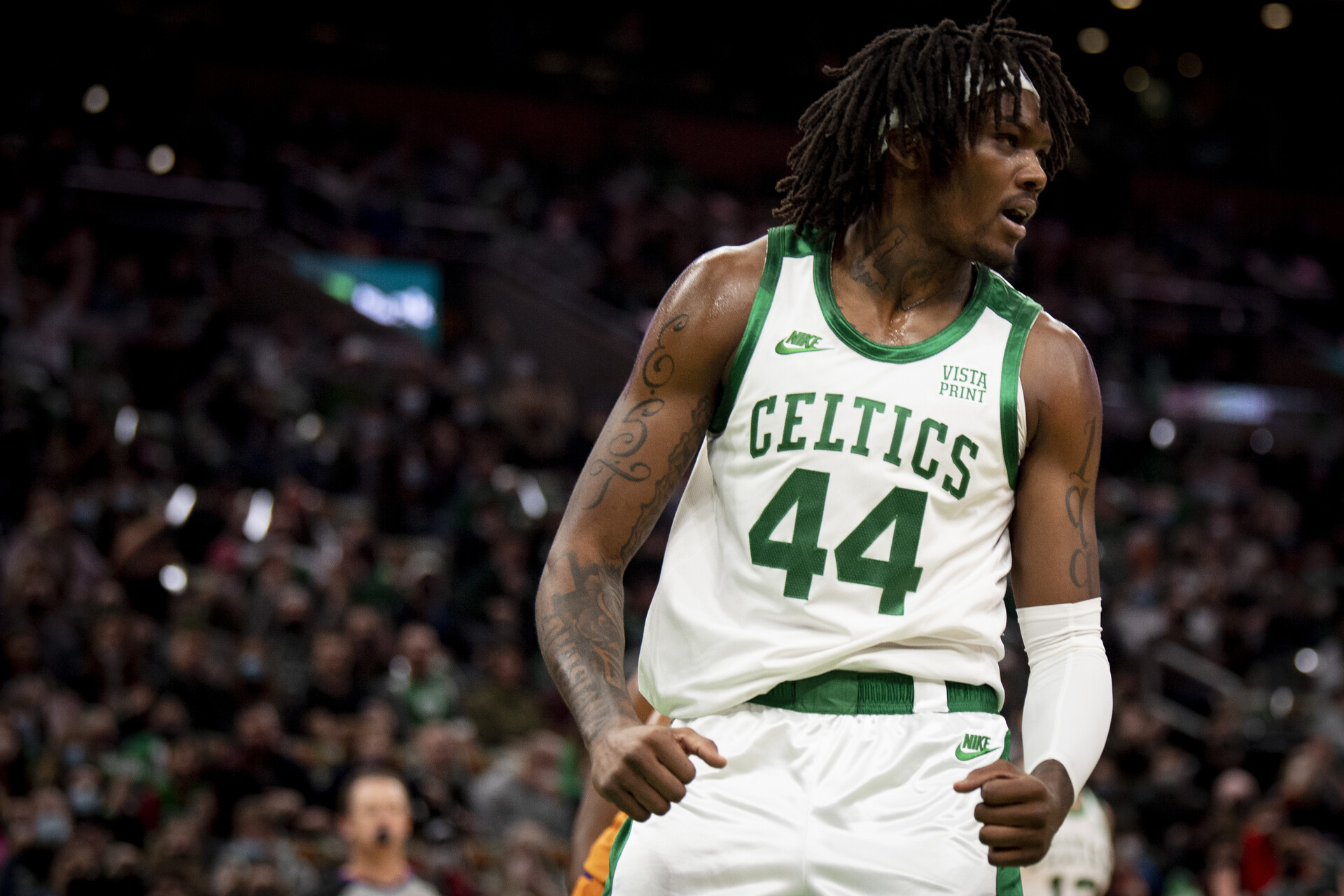 Robert Williams III #44 of the Boston Celtics reacts during the first half of a game against the Phoenix Suns at TD Garden on December 31, 2021 in Boston, Massachusetts.