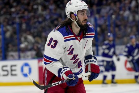 New York Rangers center Mika Zibanejad (93) during the NHL Hockey Eastern Conference Finals Game 4 of the Stanley Cup Playoffs between Tampa Bay Lightning and the New York Rangers on June 7th, 2022 at Amalie Arena in Tampa Florida
