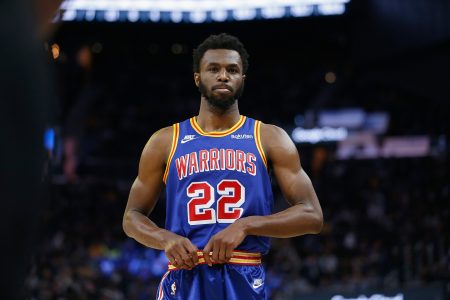 Andrew Wiggins #22 of the Golden State Warriors looks on in the third quarter against the San Antonio Spurs at Chase Center on December 04, 2021 in San Francisco, California.