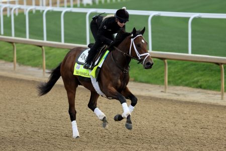 Mo Donegal during the morning training for the Kentucky Derby at Churchill Downs on May 04, 2022 in Louisville, Kentucky.