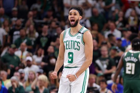 Derrick White #9 of the Boston Celtics reacts to a three point shot against the Milwaukee Bucks during the second half of Game Six of the Eastern Conference Semifinals at Fiserv Forum on May 13, 2022 in Milwaukee, Wisconsin.