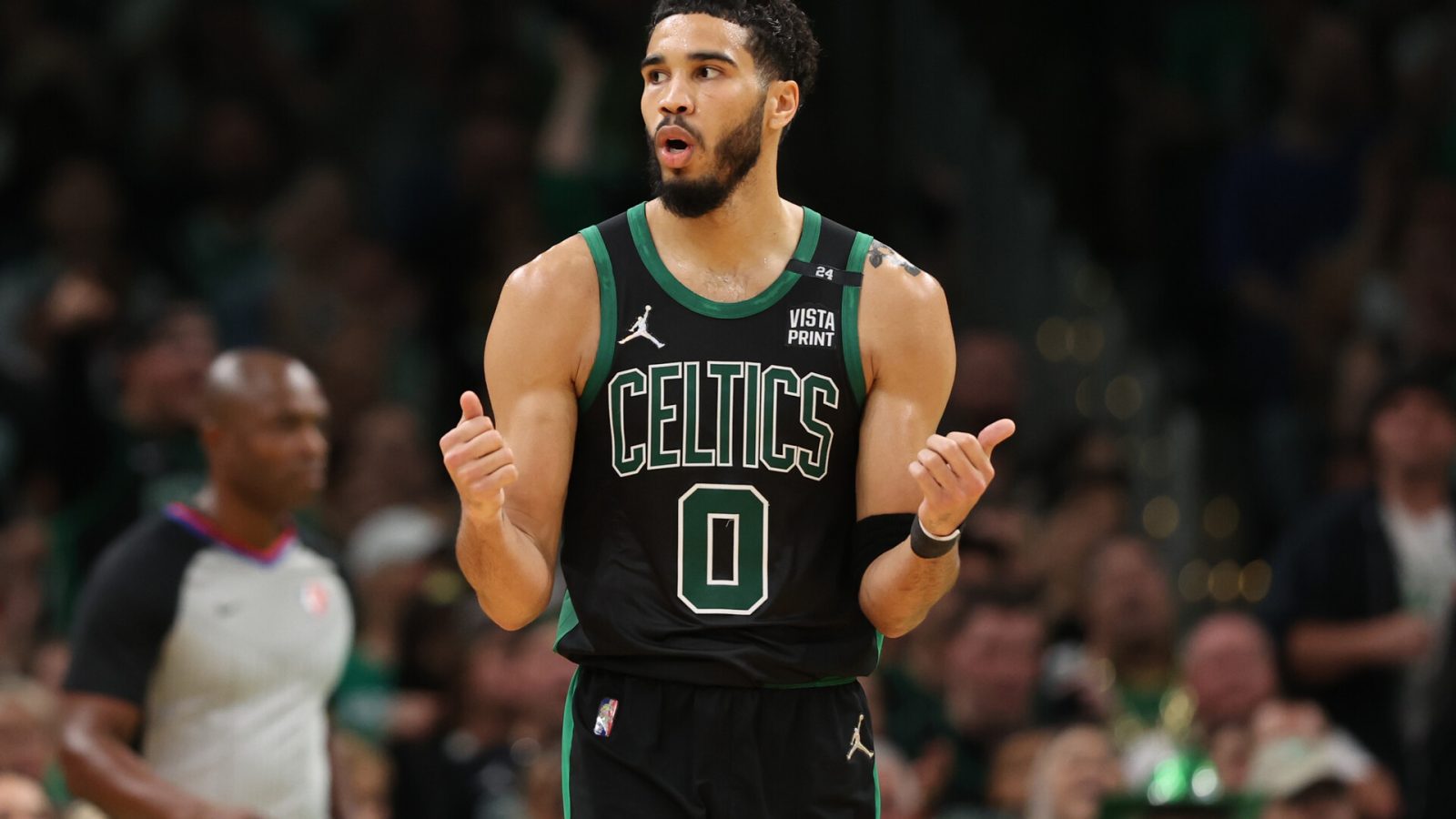 Jayson Tatum #0 of the Boston Celtics reacts against the Miami Heat during the second quarter in Game Six of the 2022 NBA Playoffs Eastern Conference Finals at TD Garden on May 27, 2022 in Boston, Massachusetts.