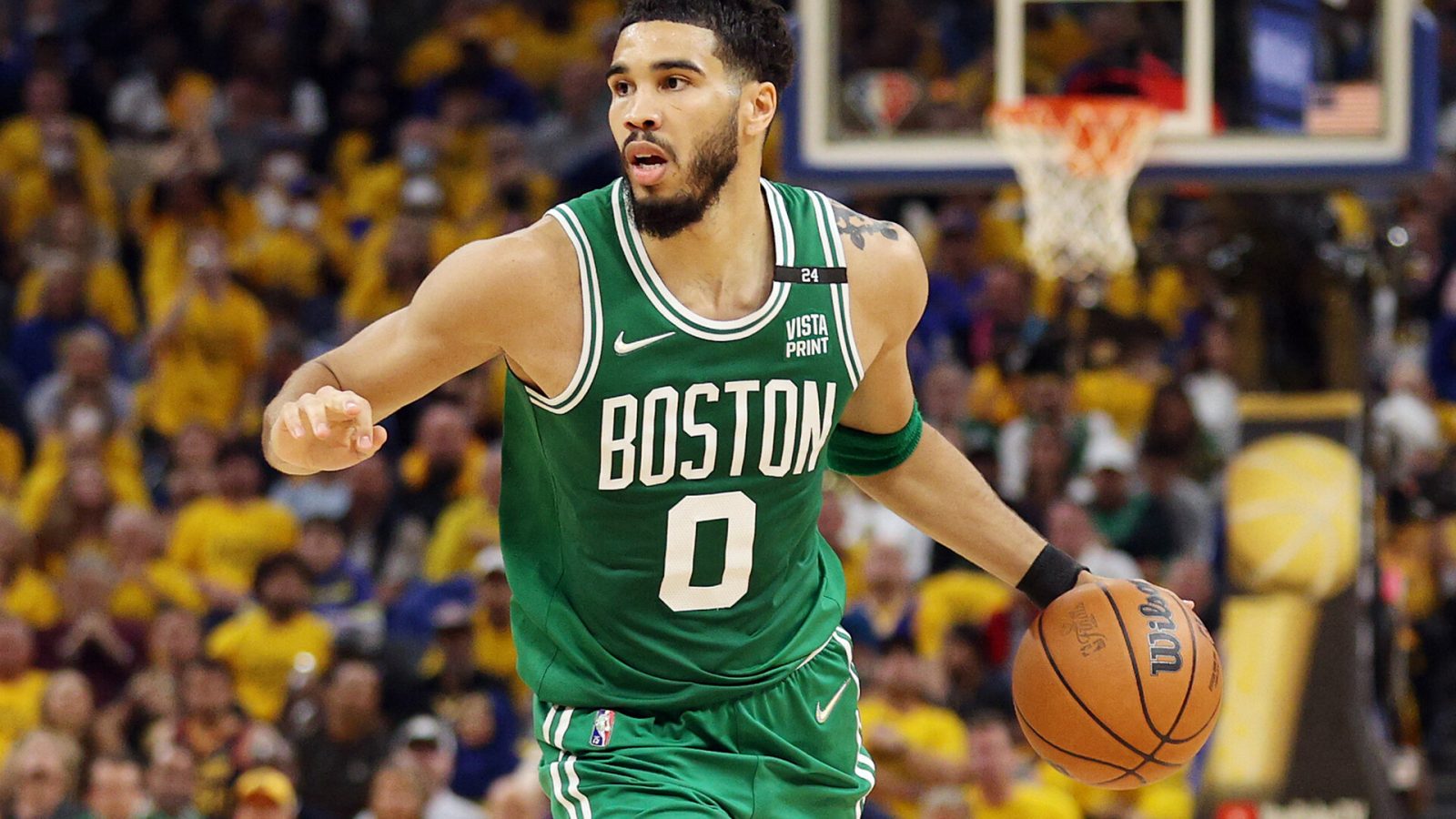 Jayson Tatum #0 of the Boston Celtics dribbles against the Golden State Warriors during the second quarter in Game One of the 2022 NBA Finals at Chase Center on June 02, 2022 in San Francisco, California.