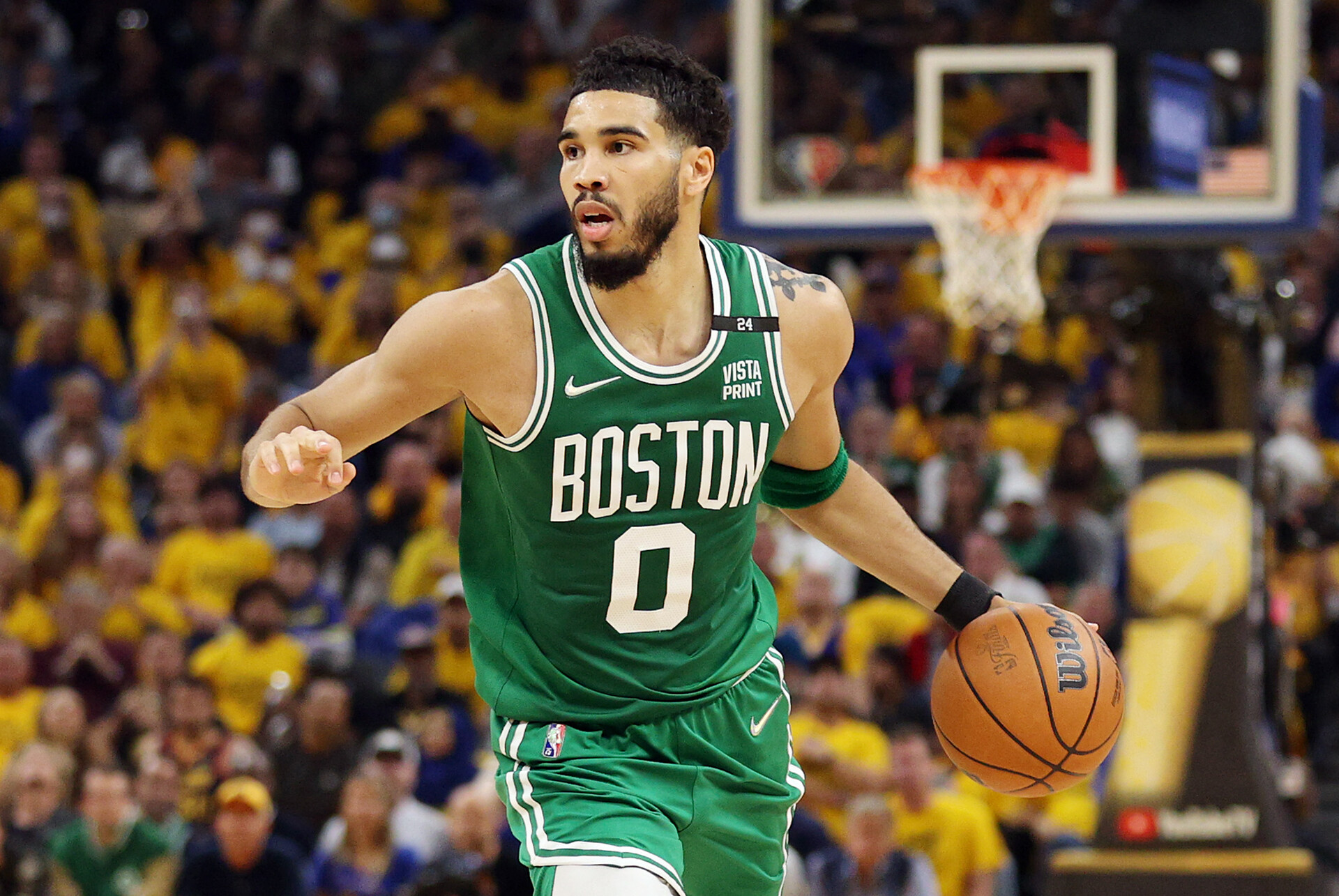 Jayson Tatum #0 of the Boston Celtics dribbles against the Golden State Warriors during the second quarter in Game One of the 2022 NBA Finals at Chase Center on June 02, 2022 in San Francisco, California.