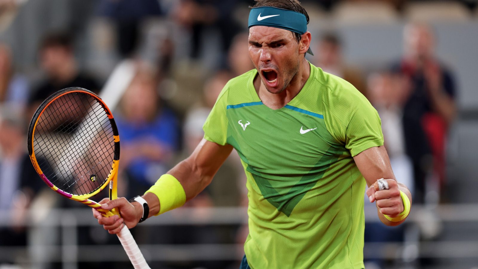 Rafael Nadal of Spain celebrates against Alexander Zverev of Germany during the Men's Singles Semi Final match on Day 13 of The 2022 French Open at Roland Garros on June 03, 2022 in Paris, France