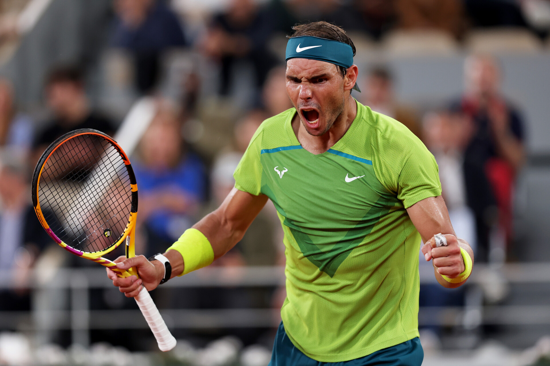 Rafael Nadal of Spain celebrates against Alexander Zverev of Germany during the Men's Singles Semi Final match on Day 13 of The 2022 French Open at Roland Garros on June 03, 2022 in Paris, France