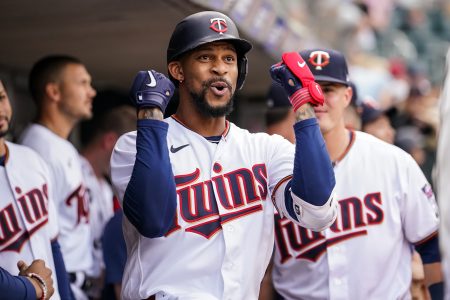 Byron Buxton #25 of the Minnesota Twins celebrates a home run against the New York Yankees on June 9, 2022 at Target Field in Minneapolis, Minnesota.