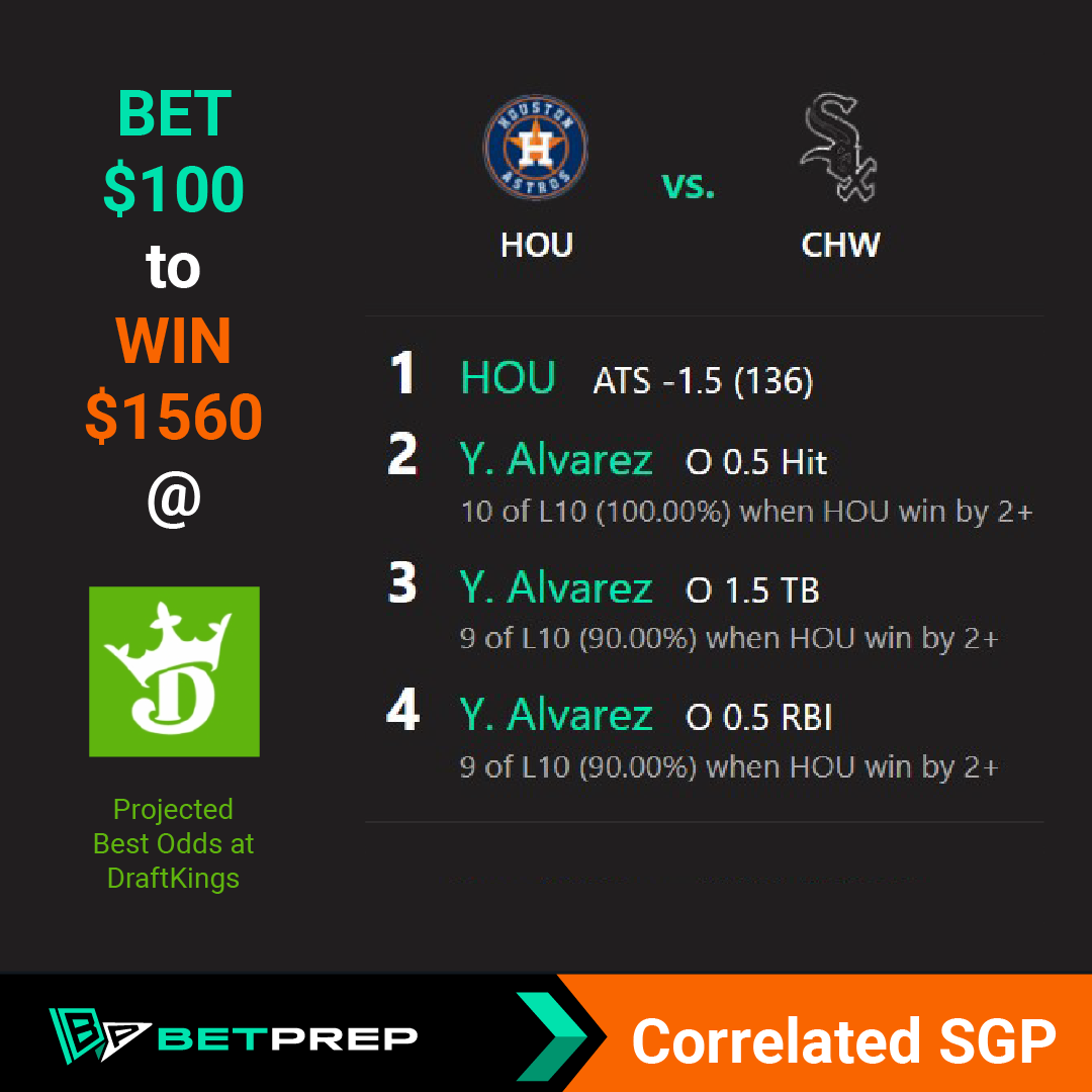 An image depicting a same game parlay bet of Houston run line, Yordan Alvarez over 0.5 hits, 1.5 total bases, and 0.5 rbi. The payout would be bet $100 to win $1560.