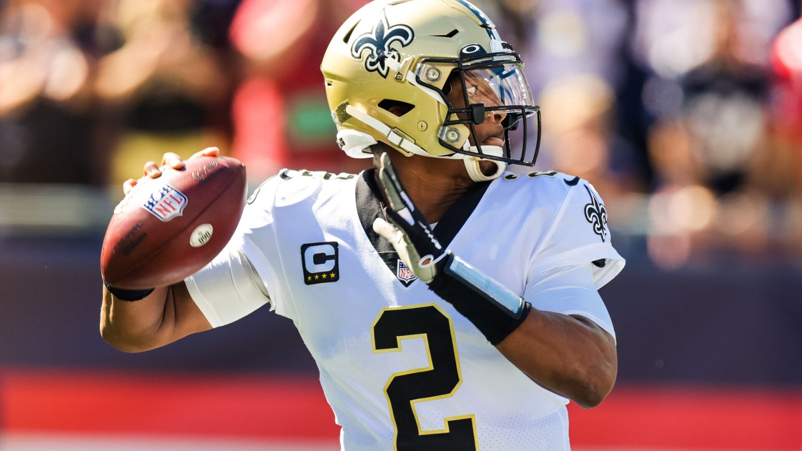 New Orleans Saints quarterback Jameis Winston (2) passes the ball against New England Patriots during the first half at Gillette Stadium.