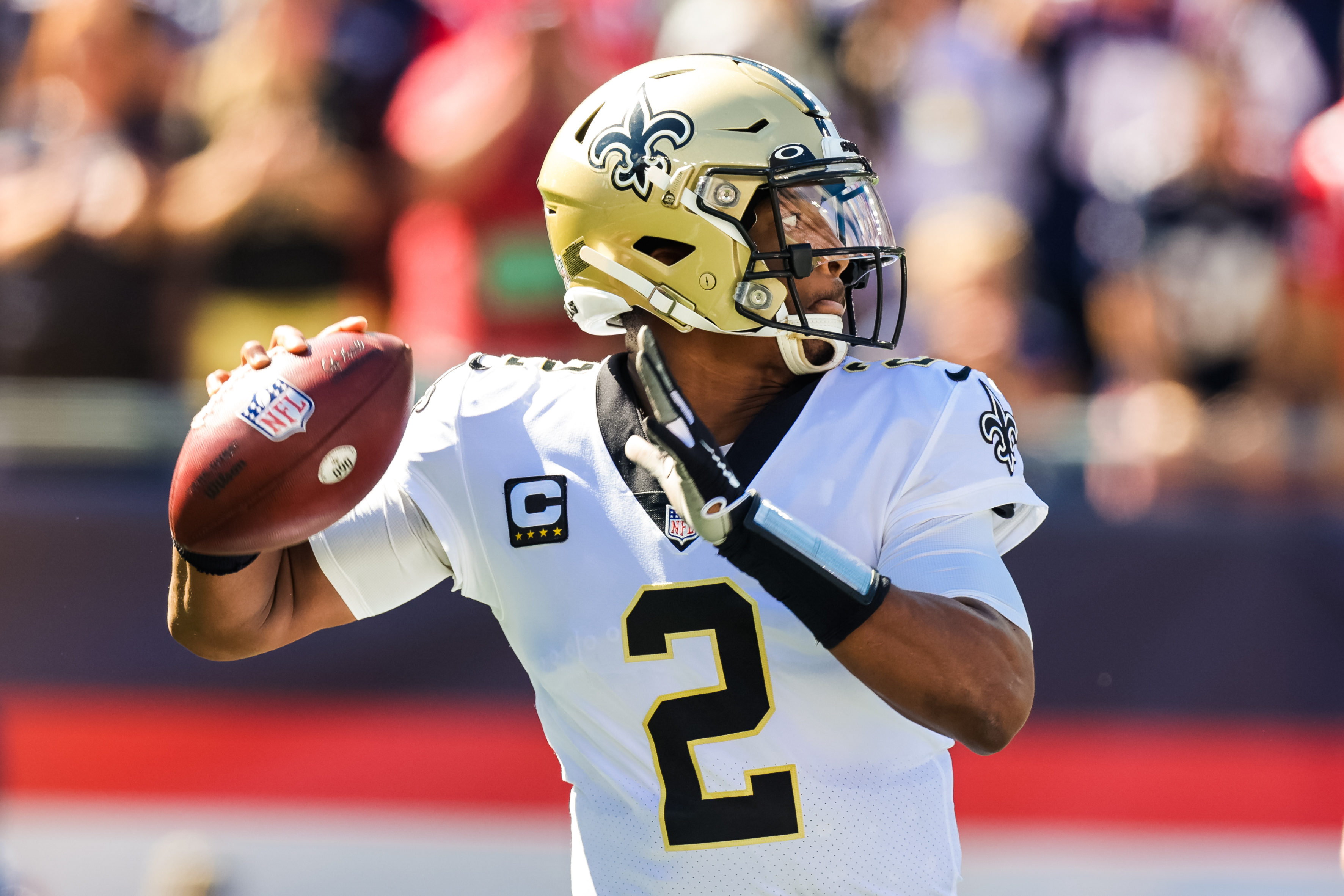 New Orleans Saints quarterback Jameis Winston (2) passes the ball against New England Patriots during the first half at Gillette Stadium.