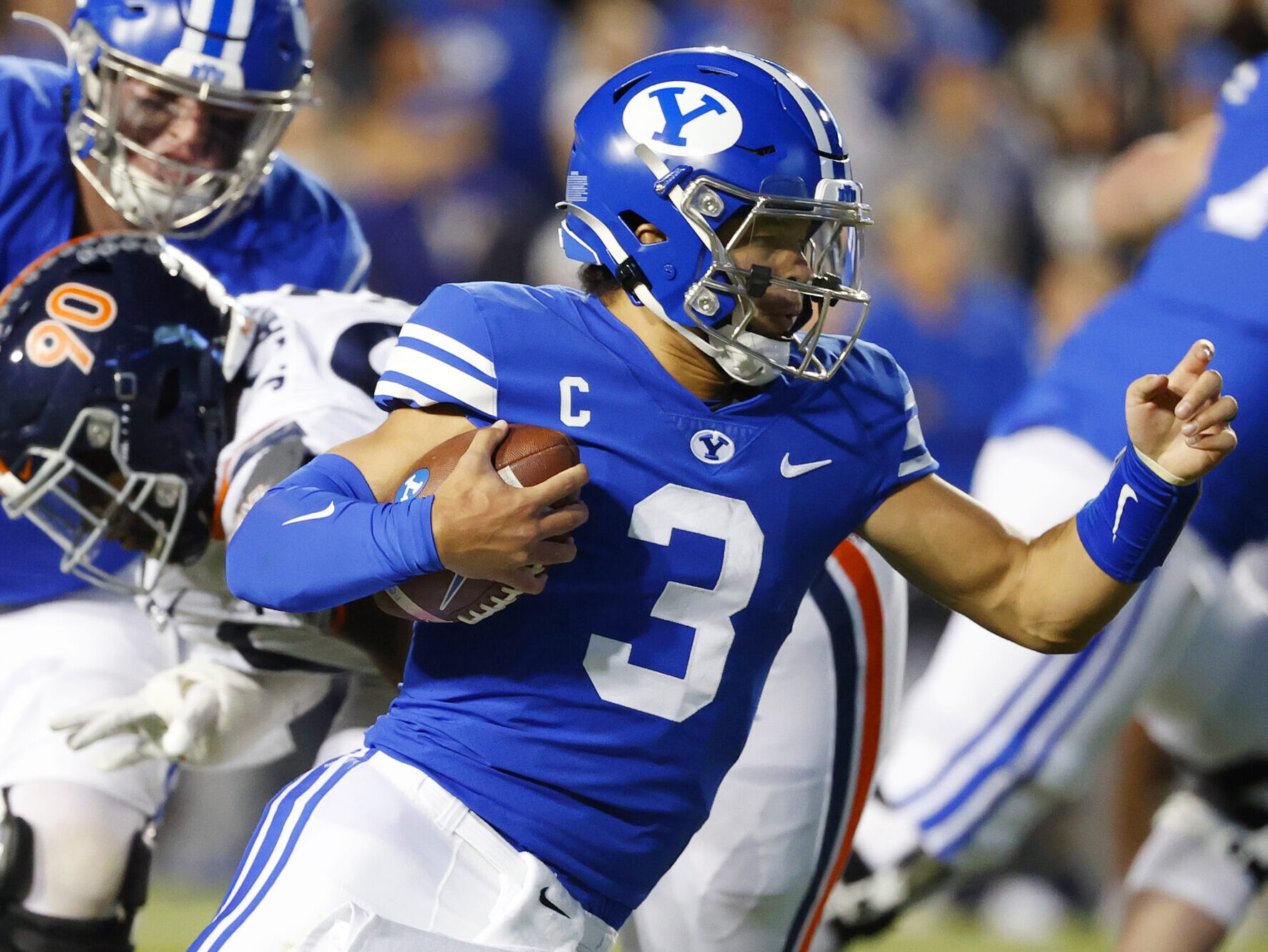 Brigham Young Cougars quarterback Jaren Hall runs the ball in the first quarter against the Virginia Cavaliers at LaVell Edwards Stadium on Oct. 30, 2021.