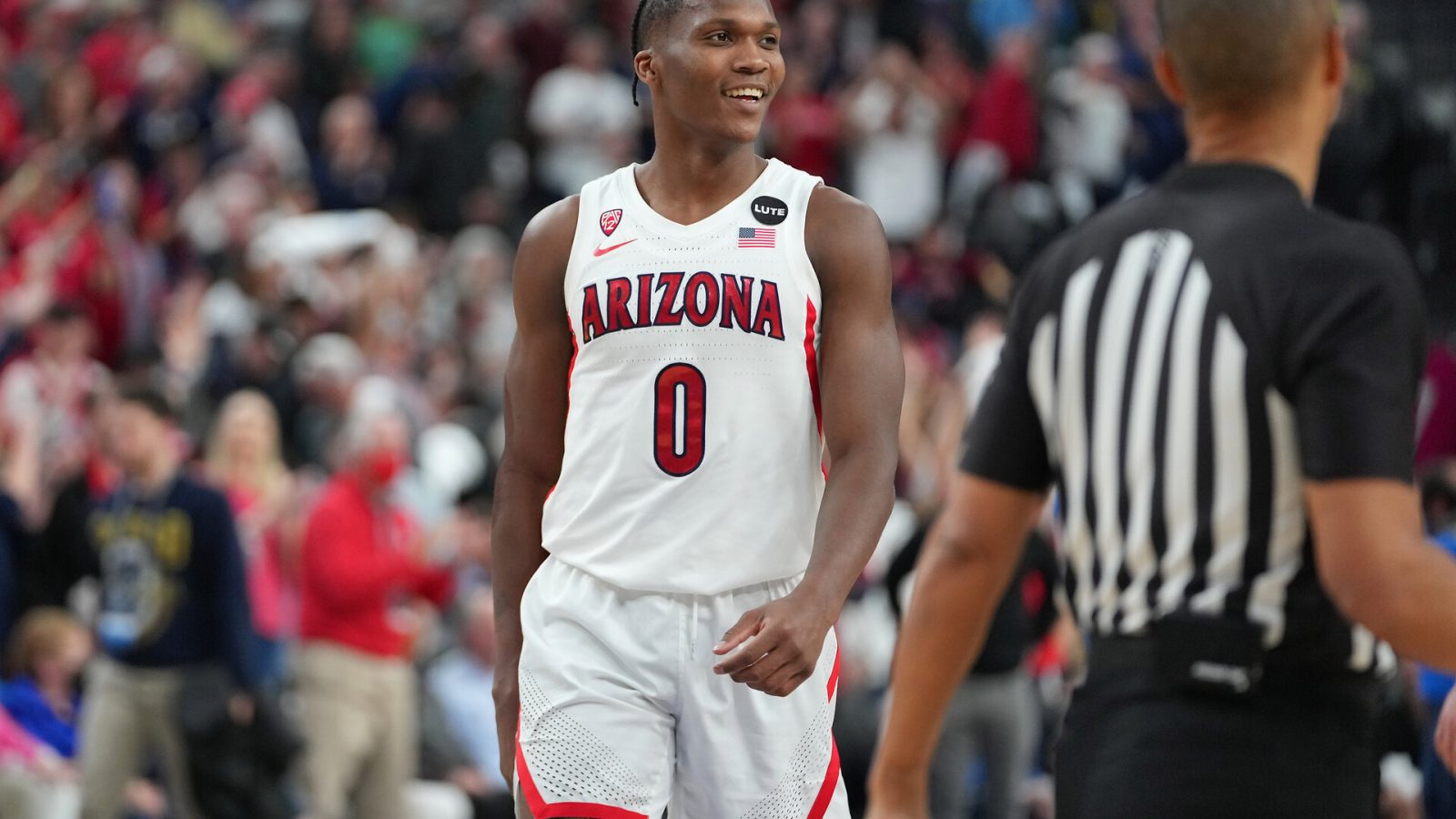 Arizona Wildcats guard Bennedict Mathurin (0) is pictured during a game against the UCLA Bruins near the end of the second half at T-Mobile Arena.