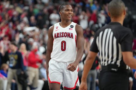 Arizona Wildcats guard Bennedict Mathurin (0) is pictured during a game against the UCLA Bruins near the end of the second half at T-Mobile Arena.