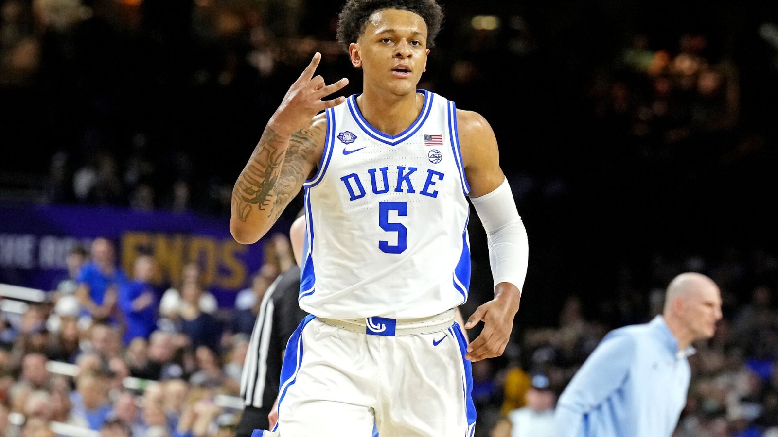 Duke Blue Devils forward Paolo Banchero (5) reacts after a play during the first half in the 2022 NCAA men's basketball tournament Final Four semifinals at Caesars Superdome.
