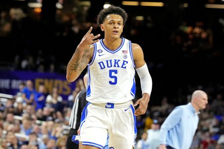 Duke Blue Devils forward Paolo Banchero (5) reacts after a play during the first half in the 2022 NCAA men's basketball tournament Final Four semifinals at Caesars Superdome.