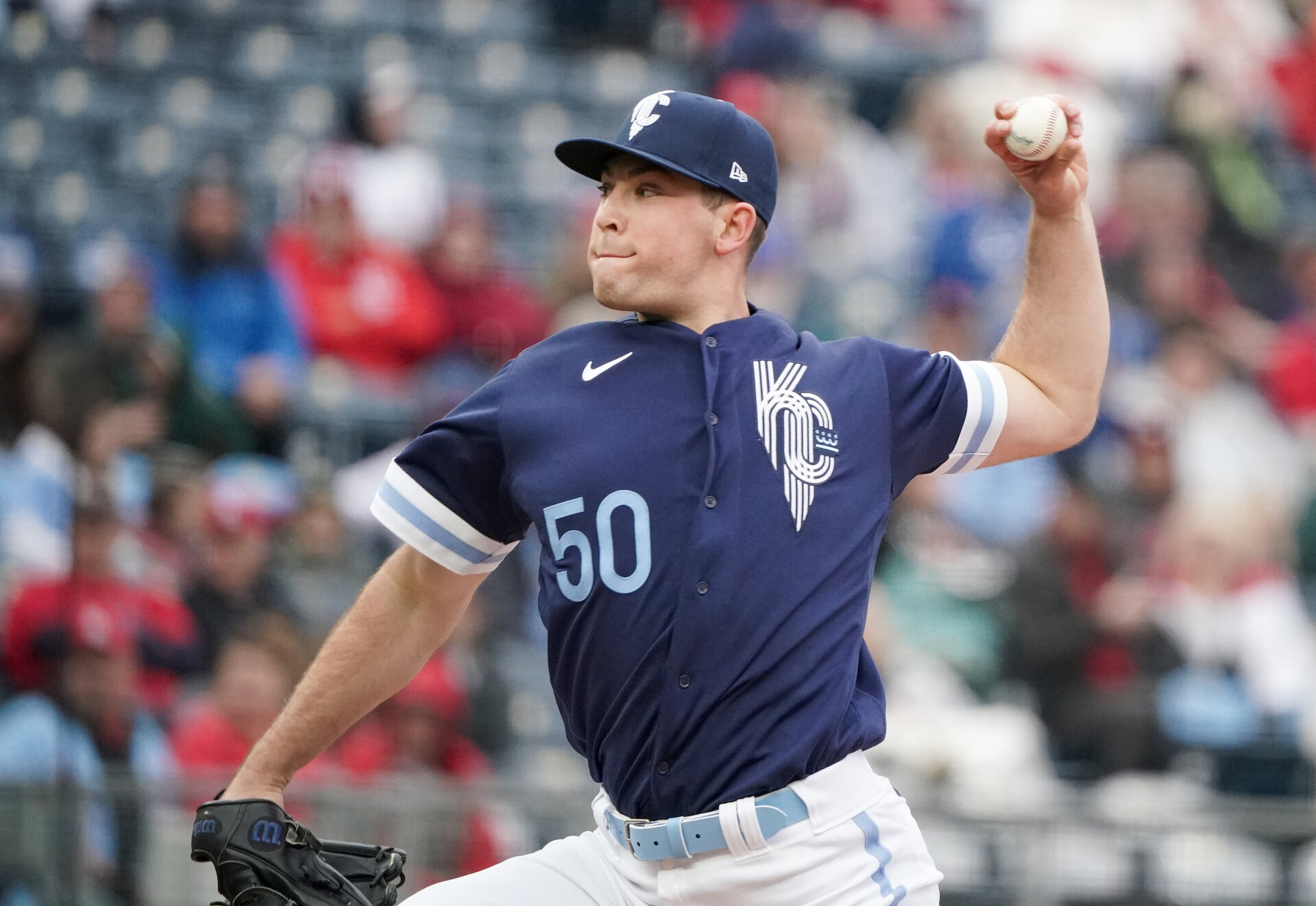 Kansas City Royals starting pitcher Kris Bubic (50) delivers a pitch against the St. Louis Cardinals in the first inning at Kauffman Stadium.
