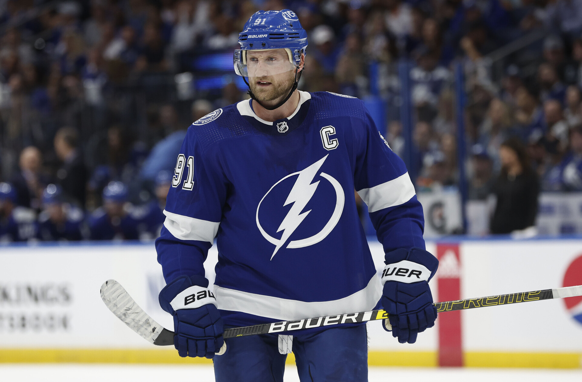 Tampa Bay Lightning center Steven Stamkos (91) looks on against the Toronto Maple Leafs during the third period of game three of the first round of the 2022 Stanley Cup Playoffs against the Tampa Bay Lightning at Amalie Arena.