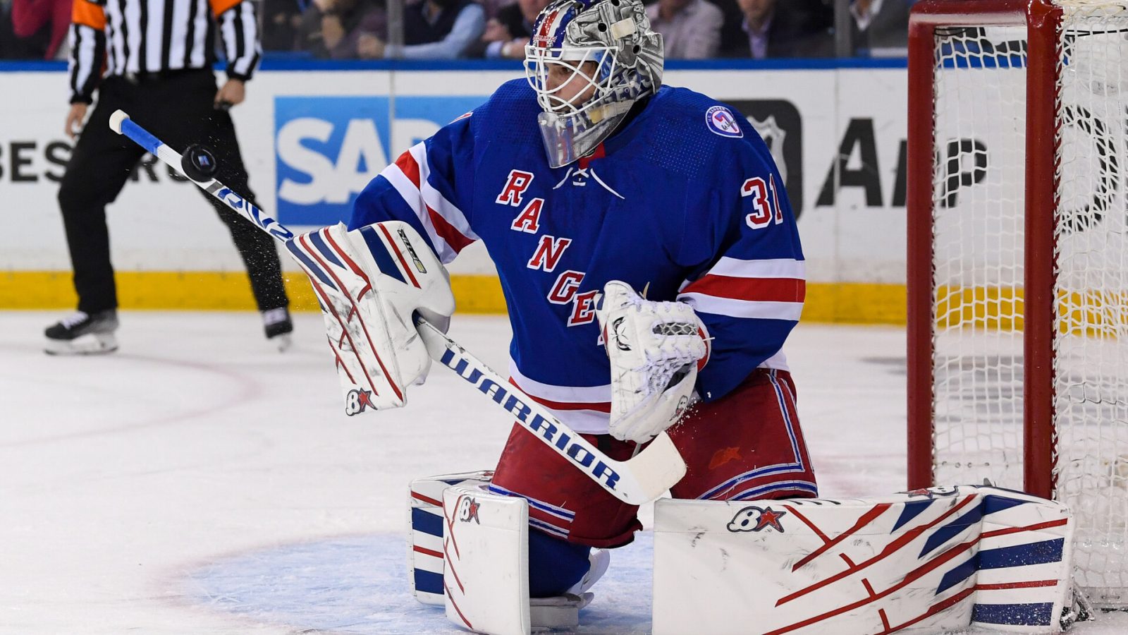 New York Rangers goaltender Igor Shesterkin (31) makes a save against the Pittsburgh Penguins during the first period in game five of the first round of the 2022 Stanley Cup Playoffs at Madison Square Garden