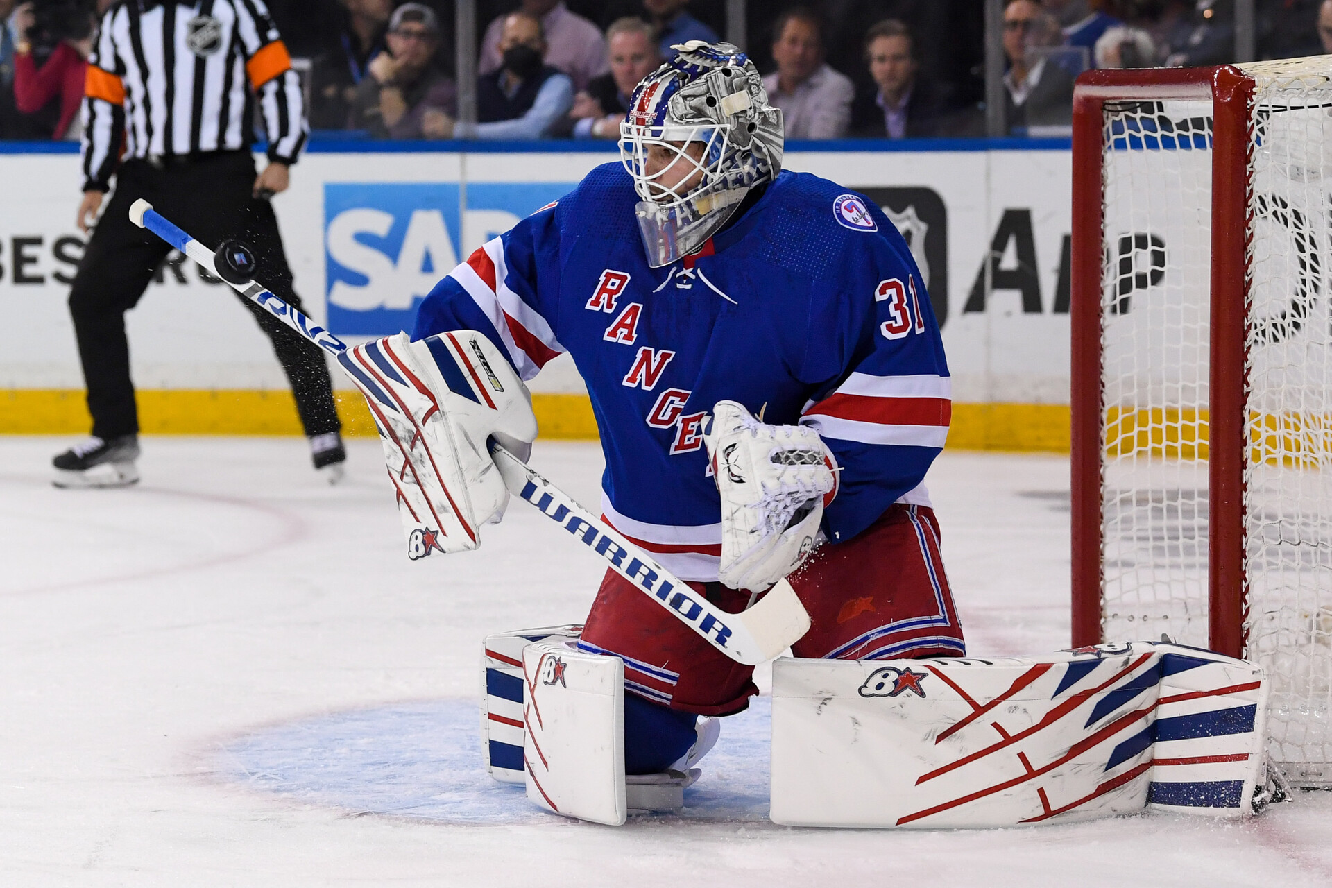 New York Rangers goaltender Igor Shesterkin (31) makes a save against the Pittsburgh Penguins during the first period in game five of the first round of the 2022 Stanley Cup Playoffs at Madison Square Garden