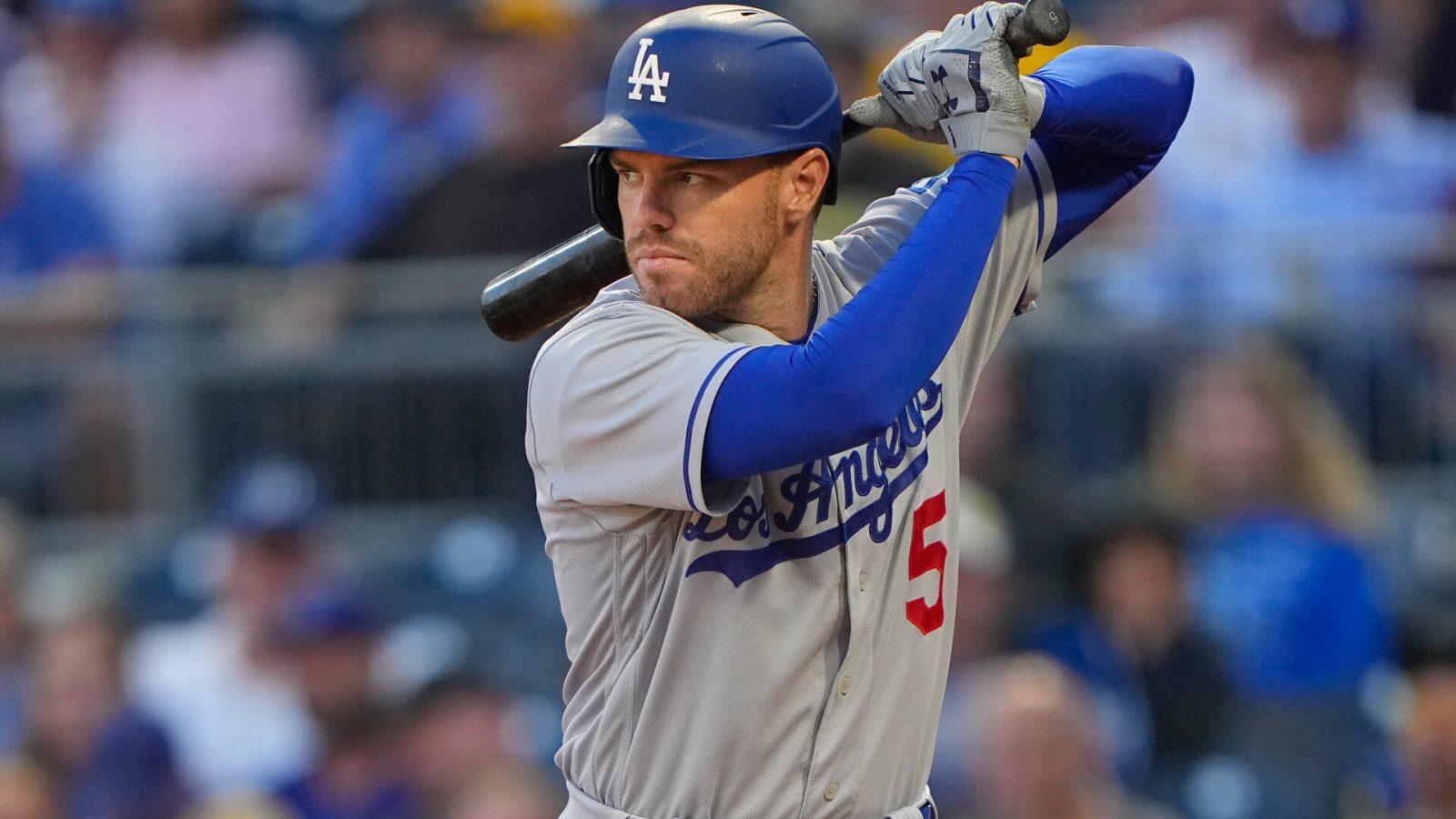 Los Angeles Dodgers first baseman Freddie Freeman (5) at bat against the Pittsburgh Pirates during the fifth inning at PNC Park.