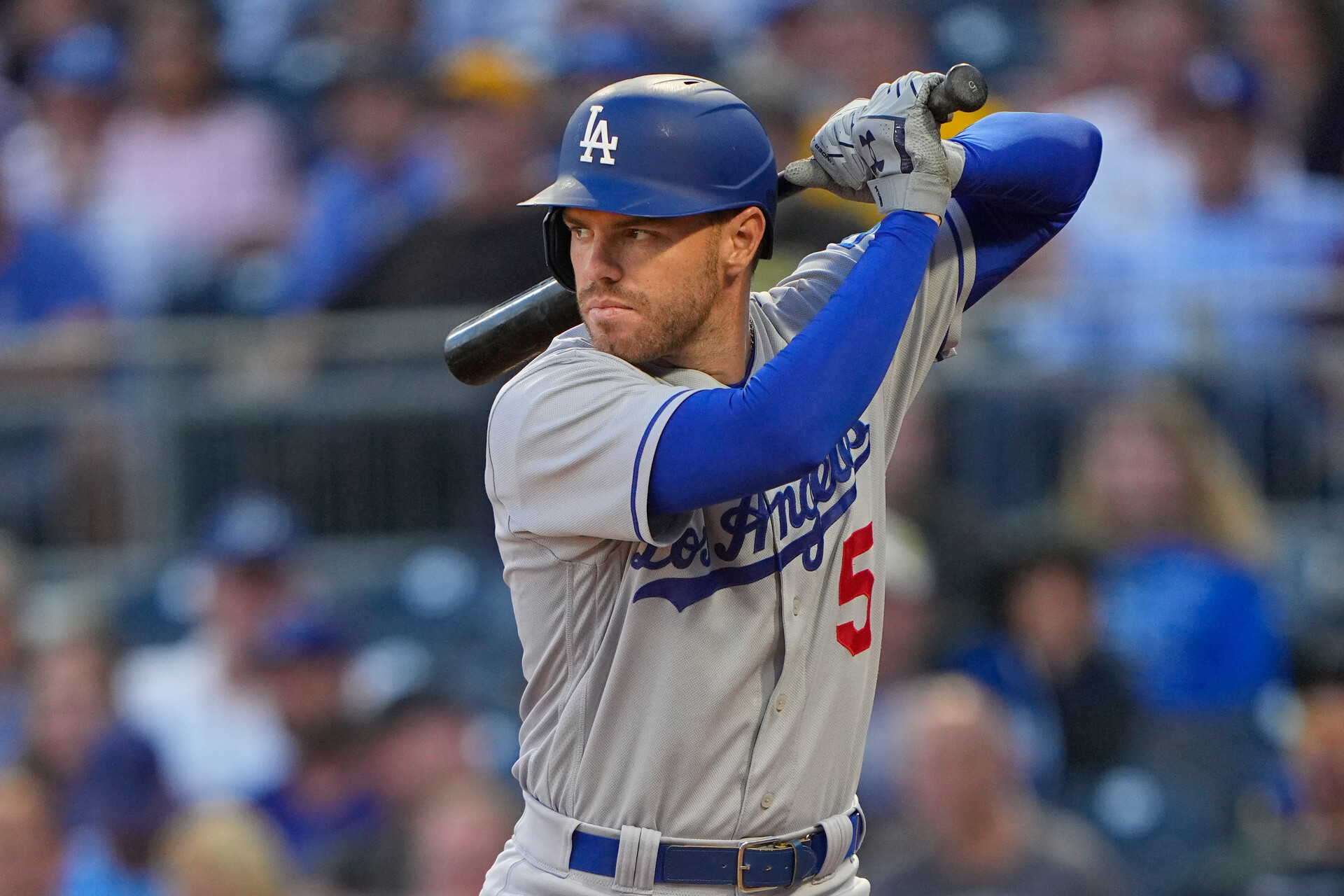 Los Angeles Dodgers first baseman Freddie Freeman (5) at bat against the Pittsburgh Pirates during the fifth inning at PNC Park.