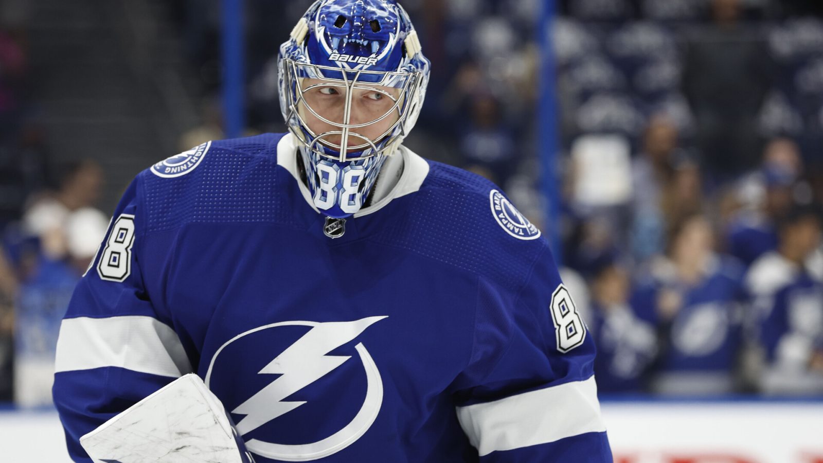Tampa Bay Lightning goaltender Andrei Vasilevskiy (88) works out prior to the game against the Florida Panthers at Amalie Arena.