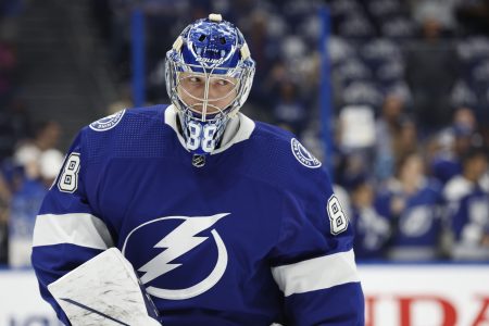 Tampa Bay Lightning goaltender Andrei Vasilevskiy (88) works out prior to the game against the Florida Panthers at Amalie Arena.