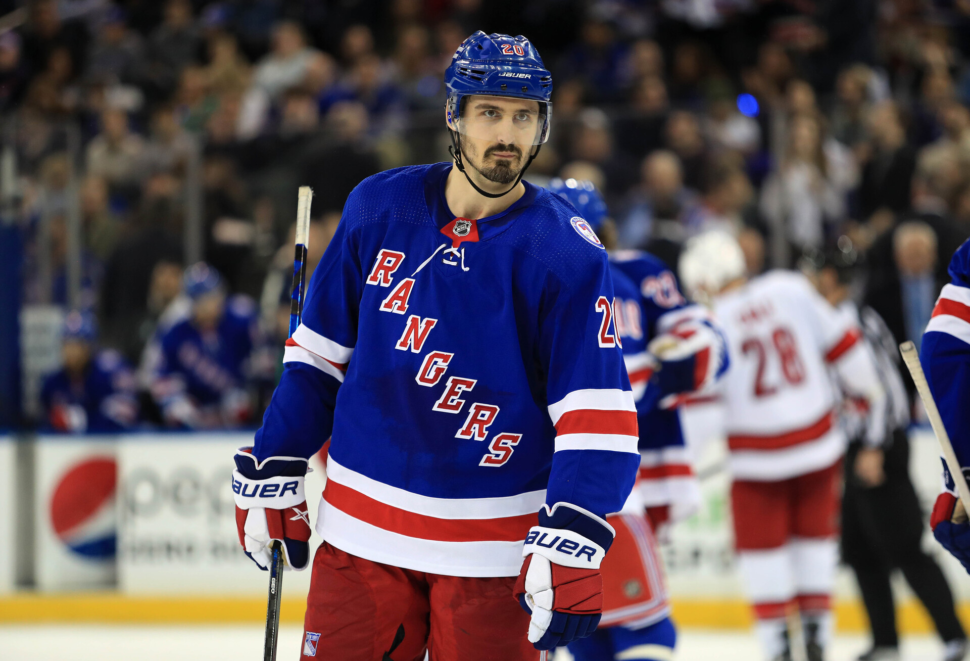 New York Rangers left wing Chris Kreider (20) during the second period against the Carolina Hurricanes in game four of the second round of the 2022 Stanley Cup Playoffs at Madison Square Garden.