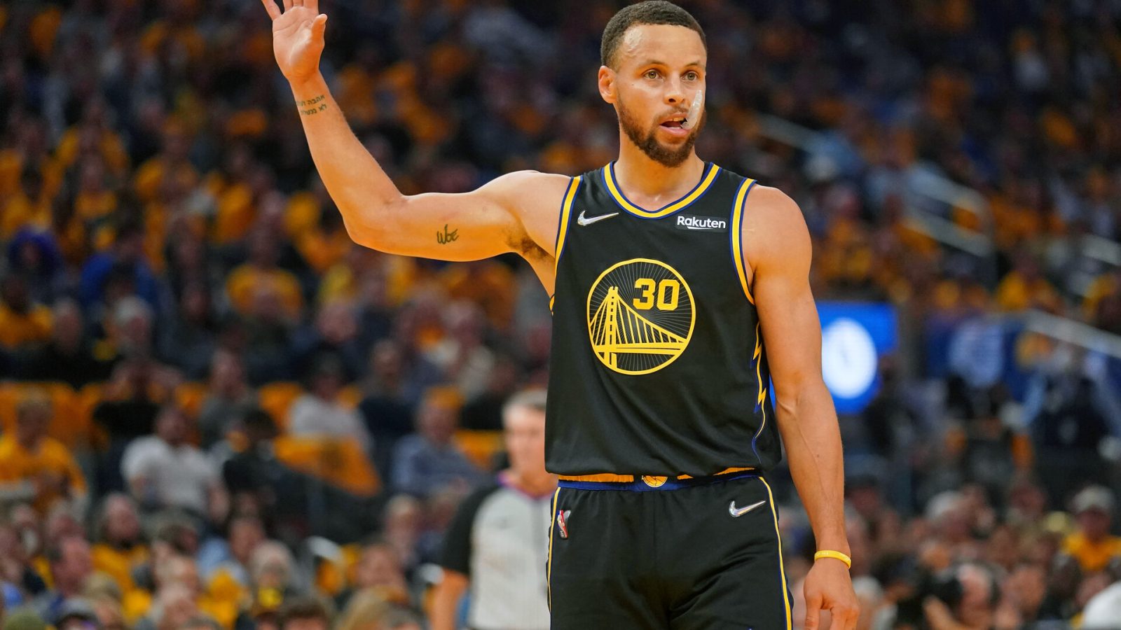 Golden State Warriors guard Stephen Curry (30) reacts after a play against the Dallas Mavericks during the first half during game five of the 2022 western conference finals at Chase Center.