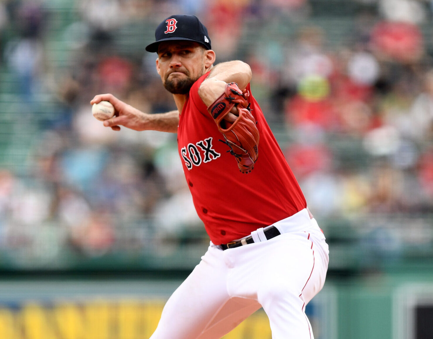Boston Red Sox starting pitcher Nathan Eovaldi (17) pitches against the Baltimore Orioles during the first inning at Fenway Park.