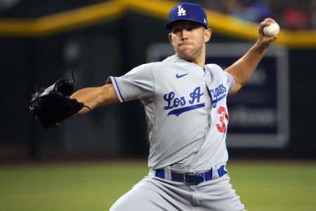 Los Angeles Dodgers left-handed pitcher Tyler Anderson prepares to deliver against the Arizona Diamondbacks on May 29, 2022, in Phoenix.