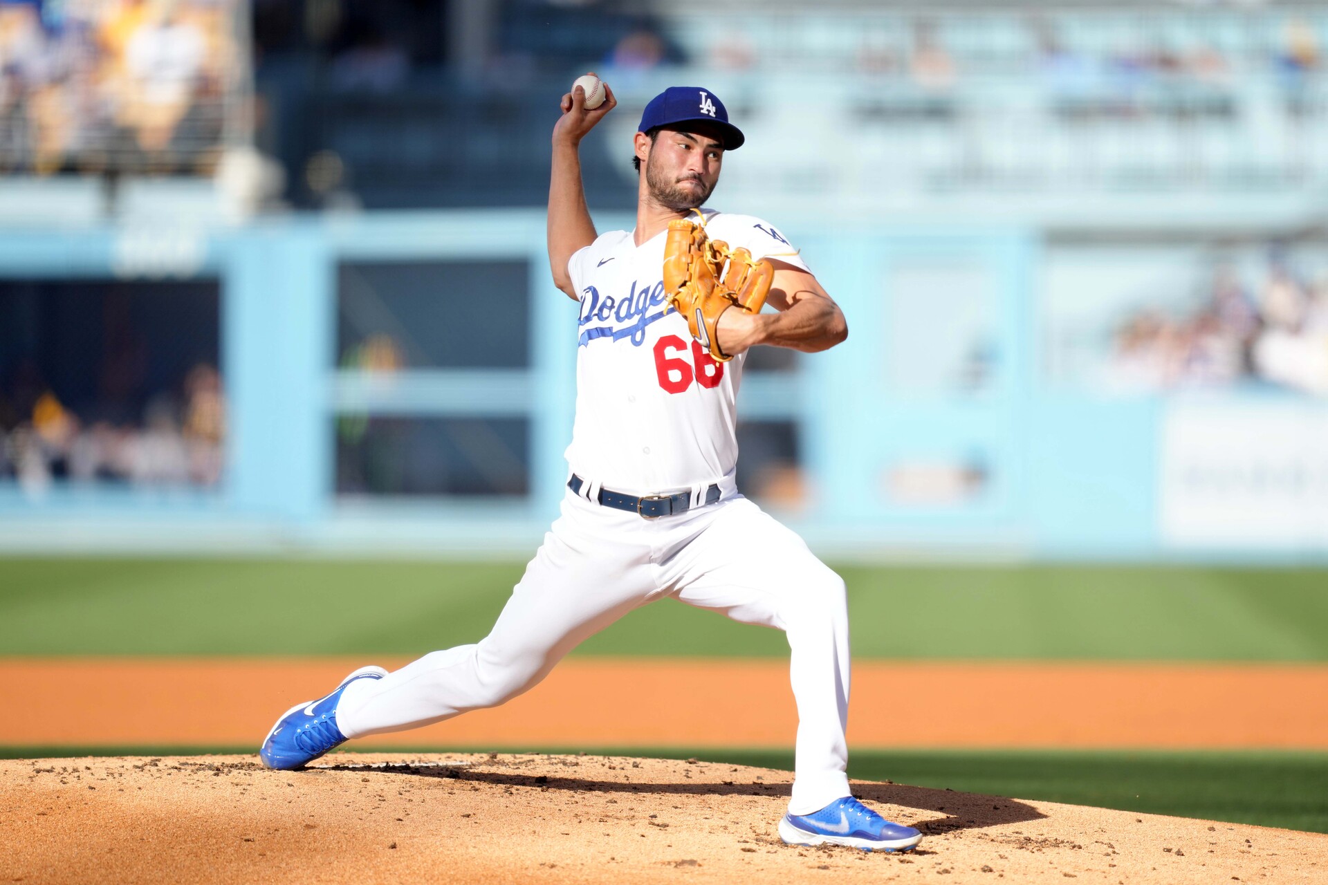 Los Angeles, California, USA; Los Angeles Dodgers starting pitcher Mitch White (66) delivers a pitch in the second inning against the Pittsburgh Pirates at Dodger Stadium.