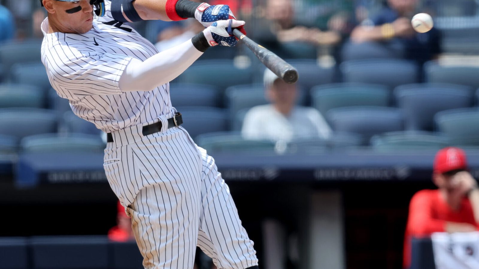 New York Yankees center fielder Aaron Judge connects with the baseball for a solo home run against the Los Angeles Angels