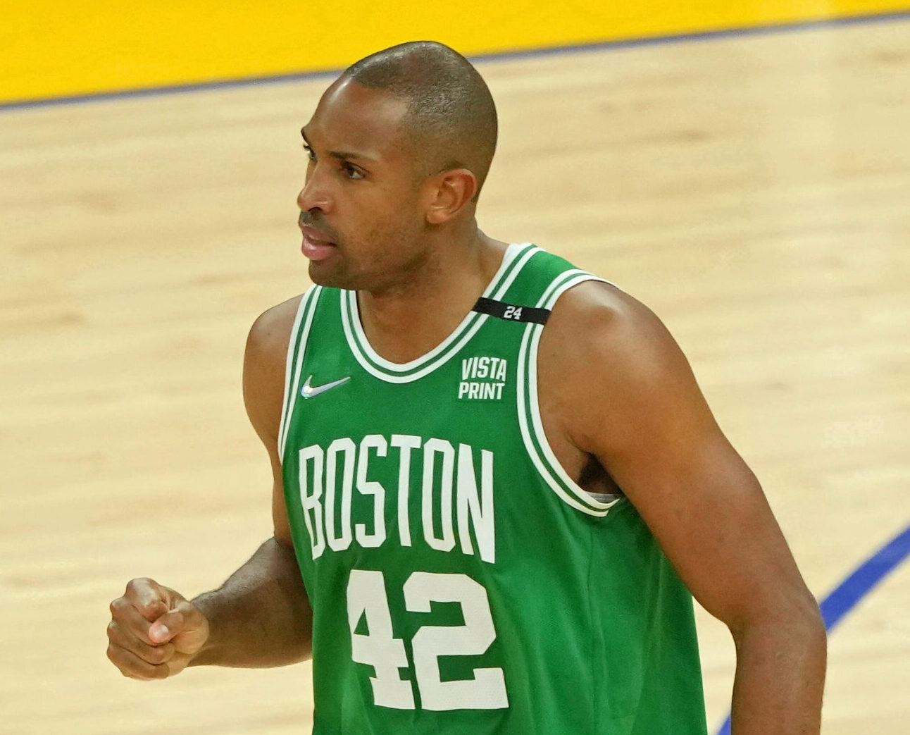 Boston Celtics center Al Horford reacts after a play against the Golden State Warriors during the second half of game one of the 2022 NBA Finals at Chase Center on June 2, 2022.
