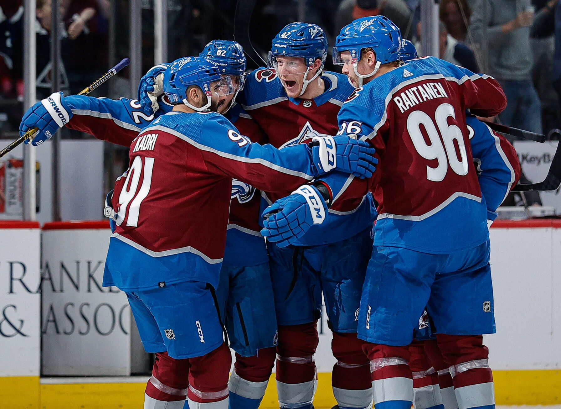 Colorado Avalanche defenseman Josh Manson (center) celebrates his goal with left wing Artturi Lehkonen (62) and right wing Mikko Rantanen (96) and center Nazem Kadri (91) in the second period against the Edmonton Oilers in Game 2 of the Western Conference Final of the 2022 Stanley Cup Playoffs