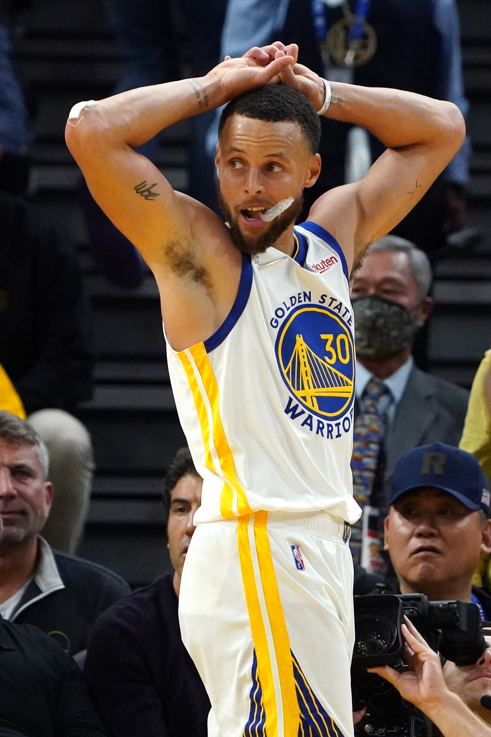Golden State Warriors guard Stephen Curry looks on during the second half in game one of the 2022 NBA Finals against the Boston Celtics at Chase Center on June 2, 2022.