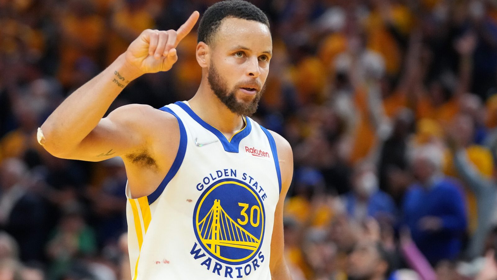Golden State Warriors guard Stephen Curry (30) gestures after defeating the Boston Celtics in game five of the 2022 NBA Finals at Chase Center.