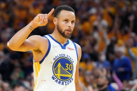 Golden State Warriors guard Stephen Curry (30) gestures after defeating the Boston Celtics in game five of the 2022 NBA Finals at Chase Center.