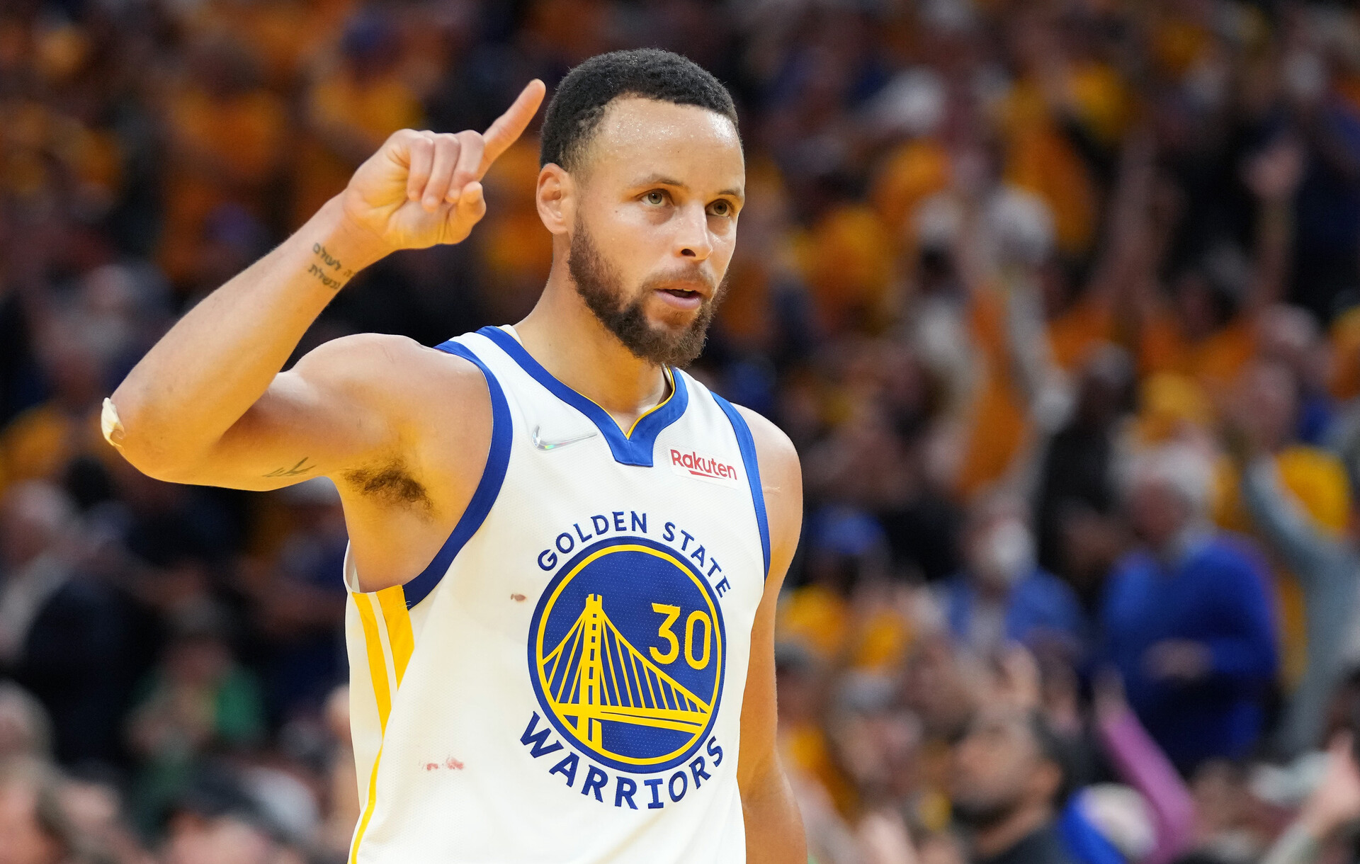 Golden State Warriors guard Stephen Curry (30) gestures after defeating the Boston Celtics in game five of the 2022 NBA Finals at Chase Center.