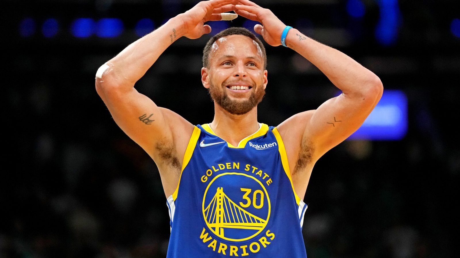 Golden State Warriors guard Stephen Curry (30) reacts during the fourth quarter against the Boston Celtics in game six of the 2022 NBA Finals at TD Garden.