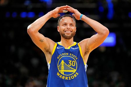 Golden State Warriors guard Stephen Curry (30) reacts during the fourth quarter against the Boston Celtics in game six of the 2022 NBA Finals at TD Garden.