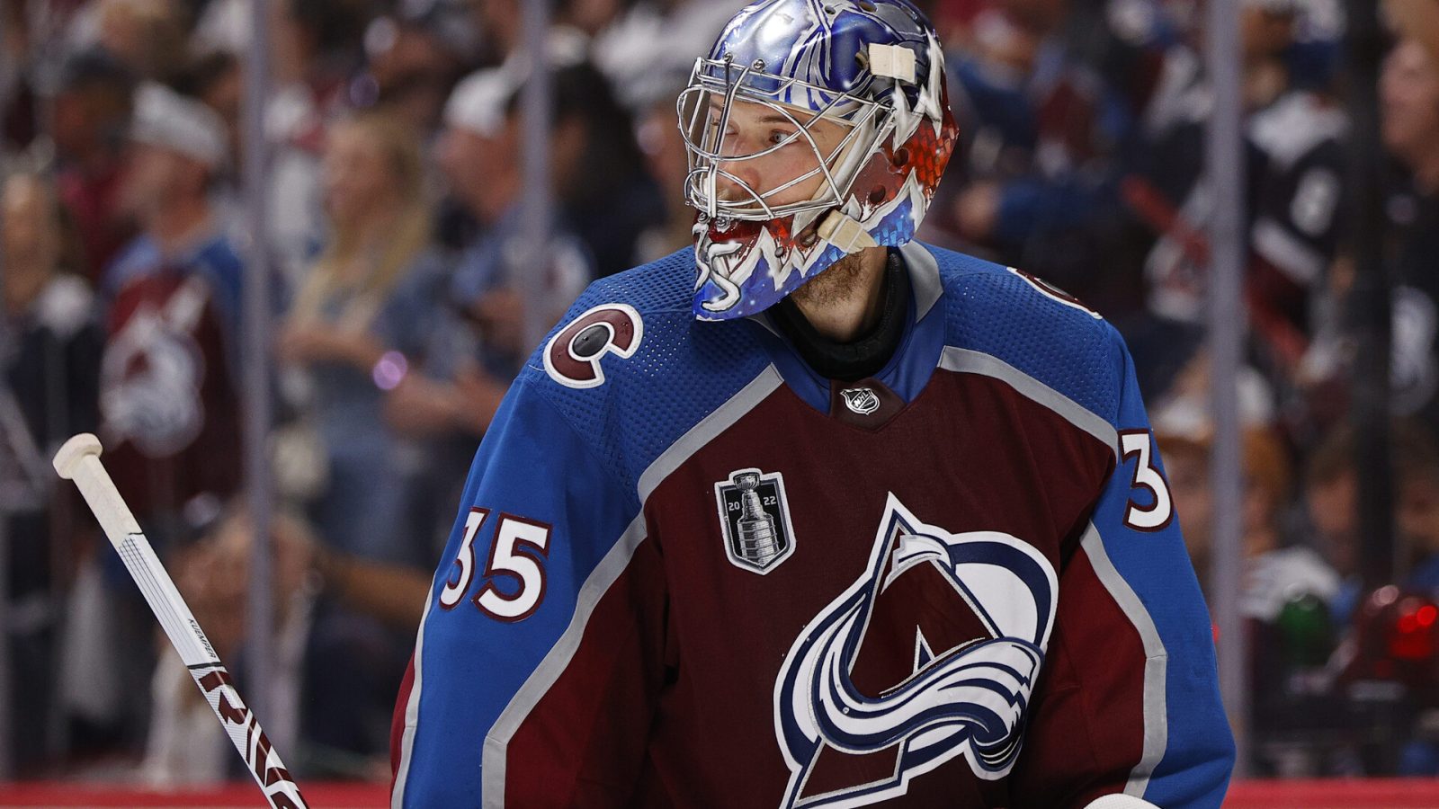 Colorado Avalanche goaltender Darcy Kuemper (35) looks on during the third period in game two of the 2022 Stanley Cup Final against the Tampa Bay Lightning at Ball Arena.