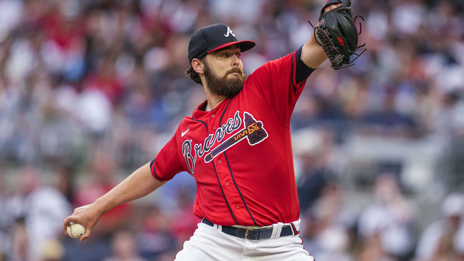 Atlanta Braves starting pitcher Ian Anderson (36) pitches against the Los Angeles Dodgers during the second inning at Truist Park.