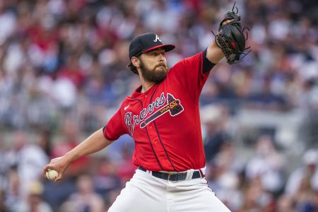 Atlanta Braves starting pitcher Ian Anderson (36) pitches against the Los Angeles Dodgers during the second inning at Truist Park.