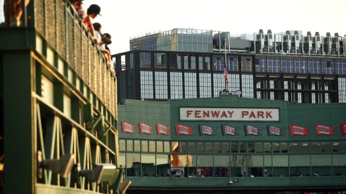 A general view of the Fenway Park facade during the game between the New York Yankees and the Boston Red Sox on Sunday, July 10, 2022 in Boston, Massachusetts.