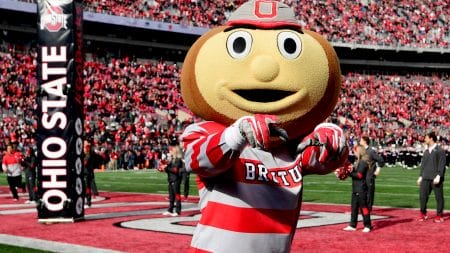 Brutus the Ohio State Buckeye runs on the field before a game against the Michigan State Spartans at Ohio Stadium on November 20, 2021 in Columbus, Ohio.