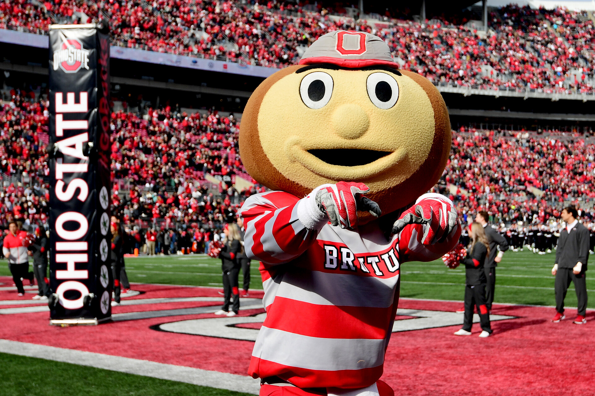 Brutus the Ohio State Buckeye runs on the field before a game against the Michigan State Spartans at Ohio Stadium on November 20, 2021 in Columbus, Ohio.