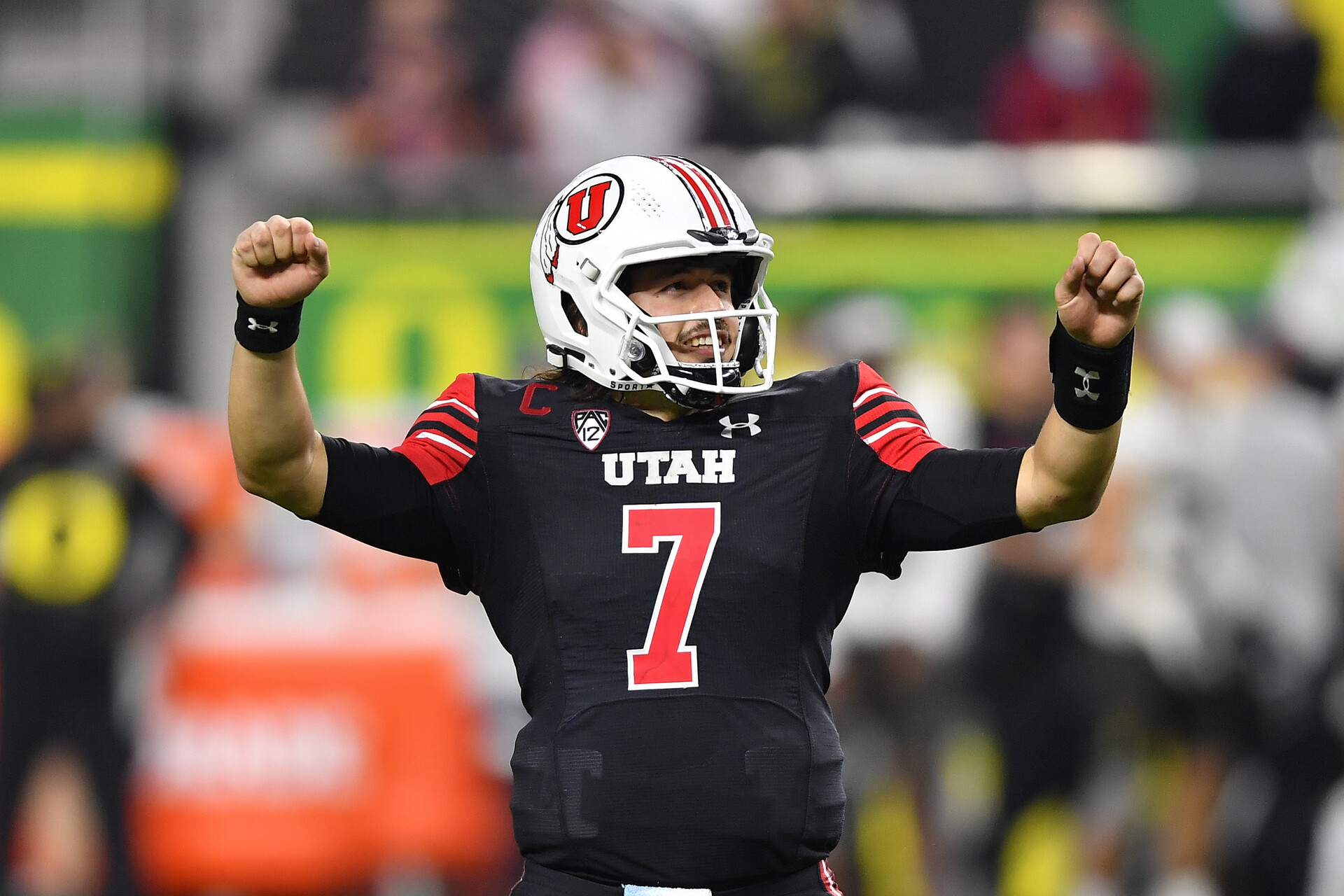 Cameron Rising #7 of the Utah Utes celebrates after the PAC-12 Football Championship football game against the Oregon Ducks at Allegiant Stadium on December 03, 2021 in Las Vegas, Nevada. The Utah Utes won 38-10.